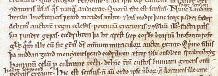 Detail of manuscript page showing Cædmon’s Hymn. For copyright reasons, a higher resolution version of this image is unavailable in the web-edition.